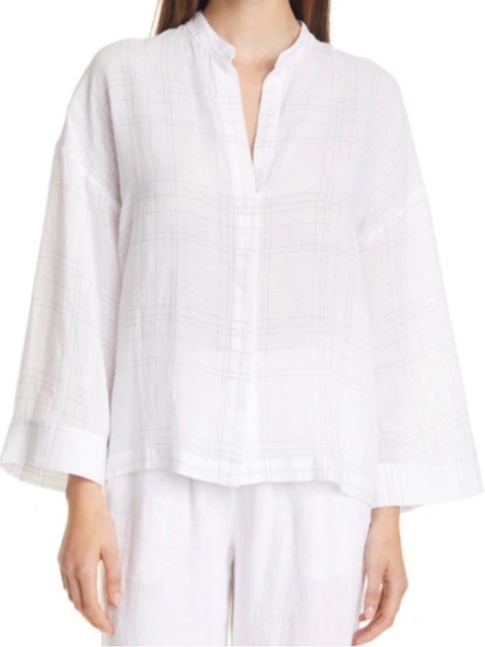 VINCE Linen-blend White & Grey Plaid Wide Cuff Button Front Top, Sz S